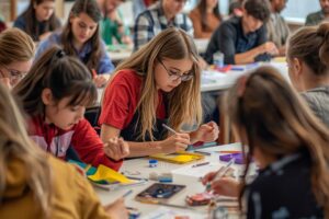 aula con alumnos realizando talleres